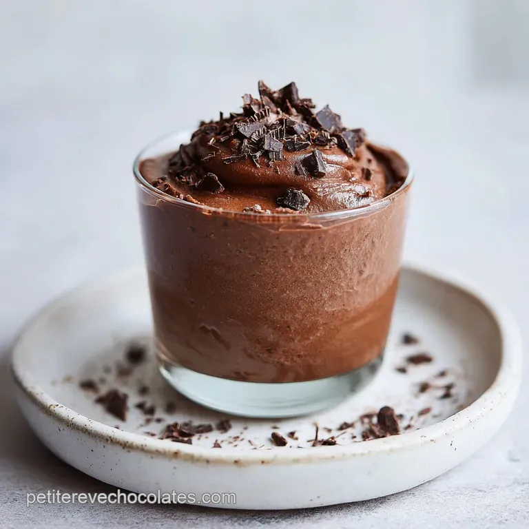 Elegant chocolate mousse quenelle on a white plate. Garnished with cocoa powder and a delicate chocolate curl. Smooth, ri...