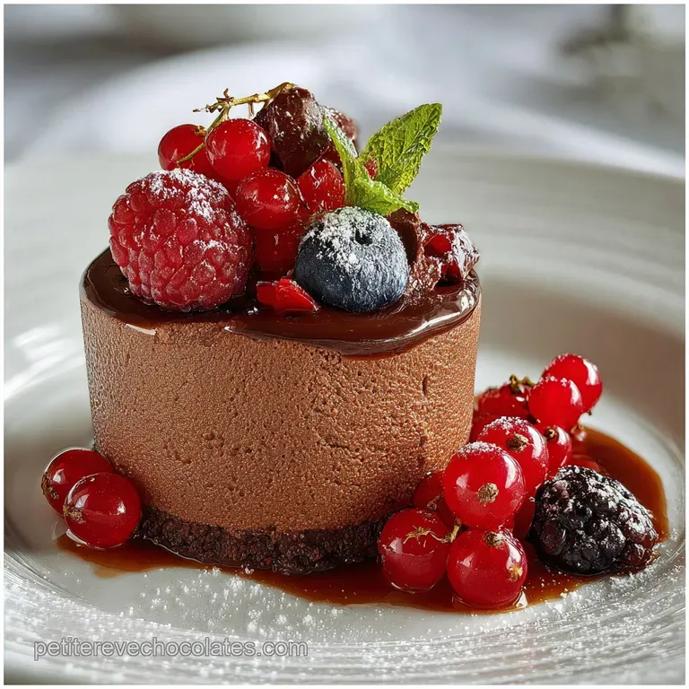 Elegant quenelle of dark chocolate mousse with dusting of cocoa and chocolate shavings. Smooth, glossy, and intensely choc...