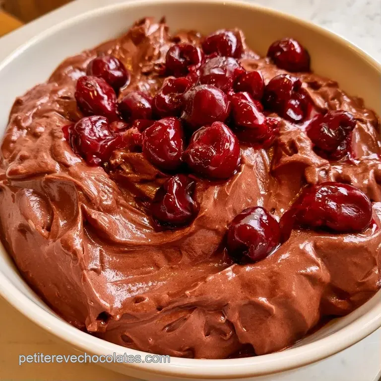Dessert l&eacute;ger pos&eacute; sur une assiette blanche, d&eacute;cor&eacute; de coulis de cerise rouge vif et de fines lamelles de chocolat.