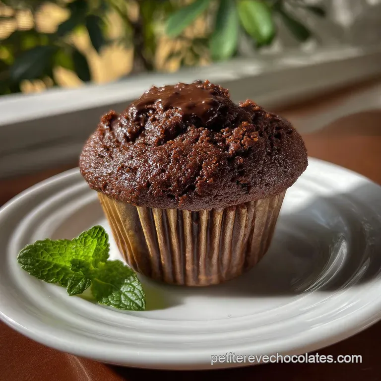 Two muffin chocolat displayed on a white plate, dusted with powdered sugar. Rich, dark color contrasts the simple elegance.