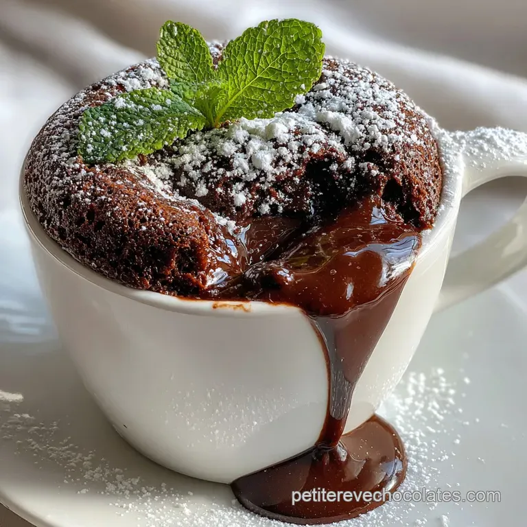 Individual chocolate mug cake topped with rich chocolate sauce, raspberries, and a sprig of fresh mint on a white plate.