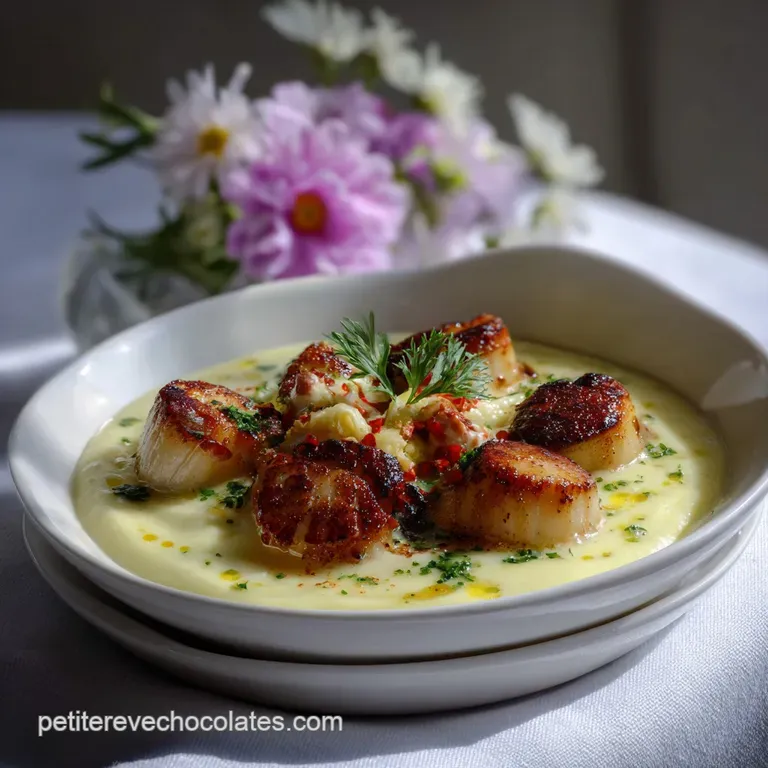 Two perfectly seared scallops on a swirl of velvety leek fondue, garnished with a sprig of fresh herbs on a white plate.