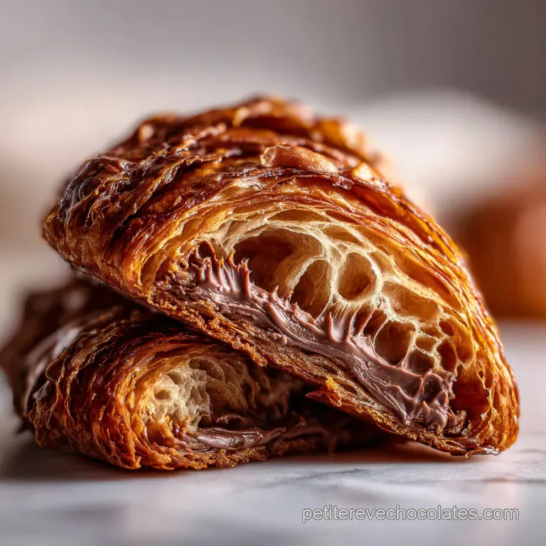 Single pain au chocolat on a white plate, dusted with powdered sugar. Crisp layers contrast with the melted dark chocolate...