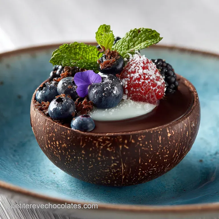 Elegant chocolate basket filled with glossy raspberries, blueberries, and a dollop of whipped cream on a white plate.