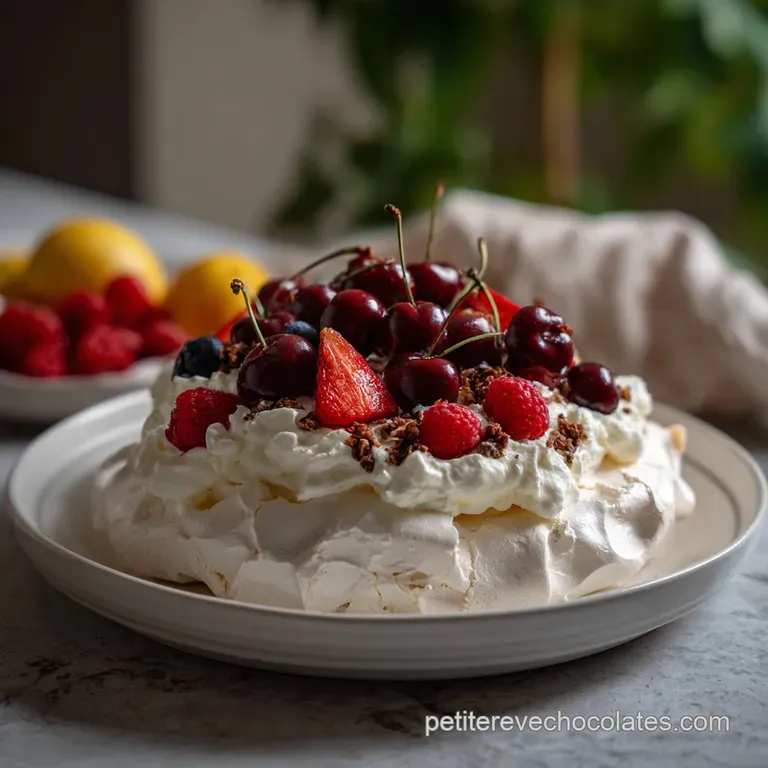 Delicate pavlova slice, showcasing crisp meringue, creamy mascarpone, and ruby-red coulis artfully arranged on a white por...