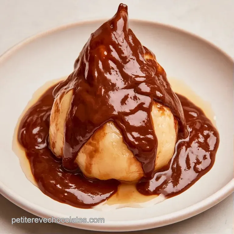 Dessert &eacute;l&eacute;gant sur assiette blanche avec un fruit vertical, coulis de chocolat sombre et cr&egrave;me onctueuse et blanche.
