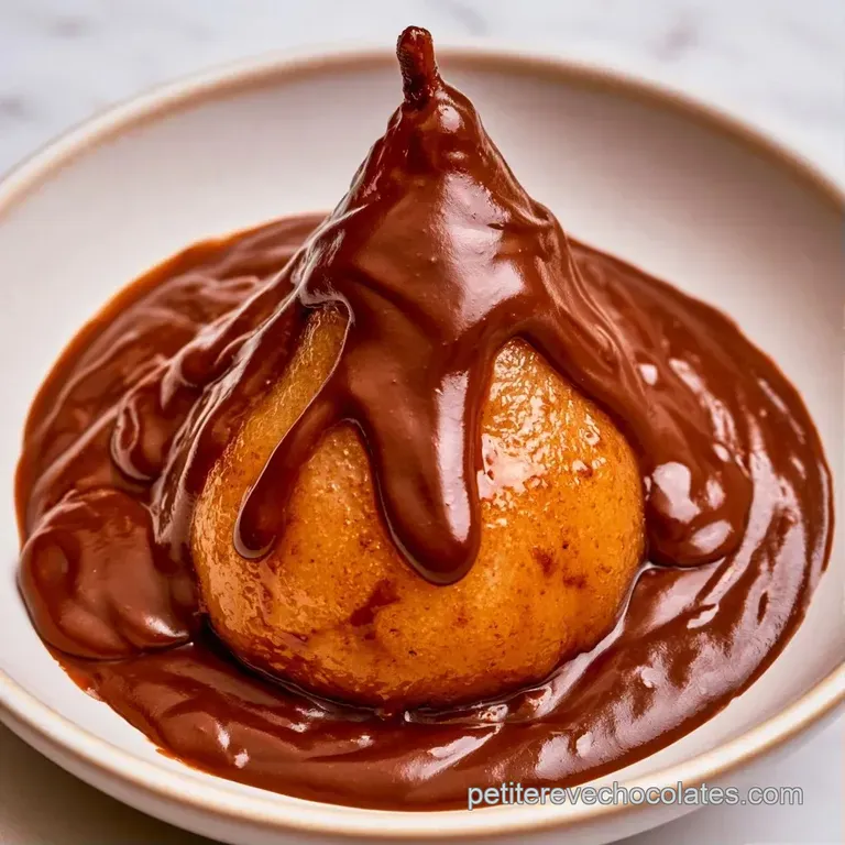 Poire poch&eacute;e dor&eacute;e pos&eacute;e sur une assiette blanche, entour&eacute;e de filets de chocolat chaud et d'une feuille de menthe.
