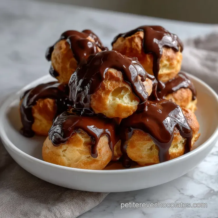 Elegant plate featuring three profiteroles, precisely drizzled with chocolate. The cream-filled pastries look delicate and...