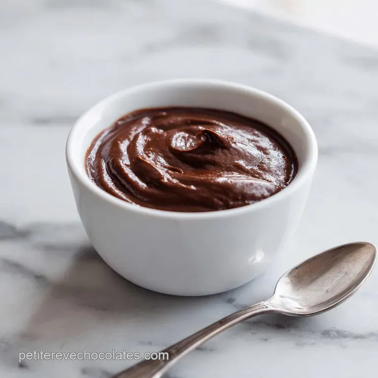 Elegant ramekin filled with luscious chocolate pudding, topped with whipped cream and chocolate shavings on a linen napkin.