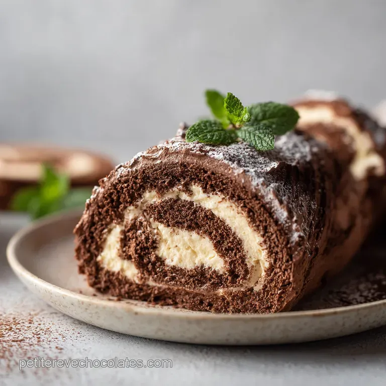 A slice of chocolate yule log reveals a moist spiral, artfully arranged with fresh berries and a dusting of confectioners'...