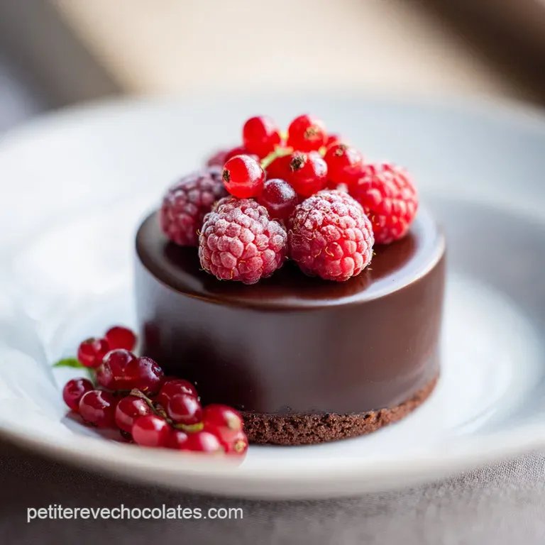 A slice of moist chocolate cake on a white plate, glistening with melted chocolate and adorned with fresh, bright red rasp...