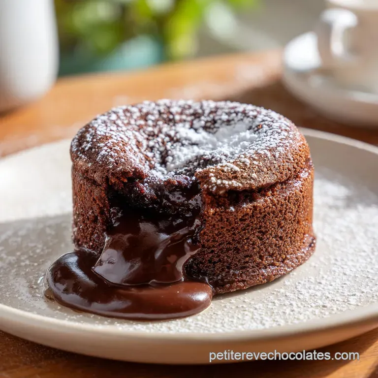 A slice of dark chocolate cake with a glossy, flowing center on a white plate.
