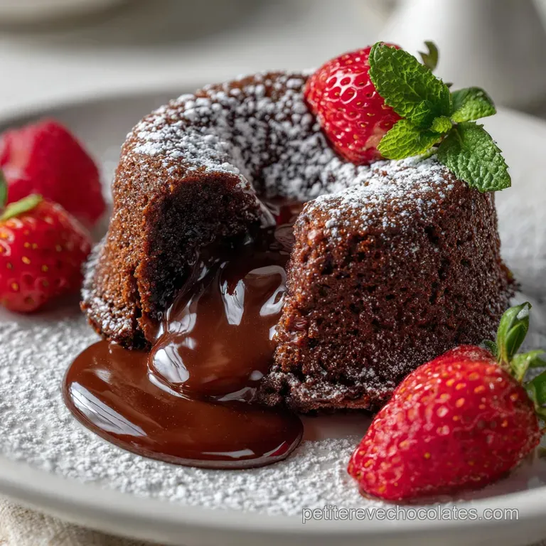 Elegant slice of dark chocolate cake on a white plate, powdered sugar dusting, berry garnish. Tempting dessert ready to be...