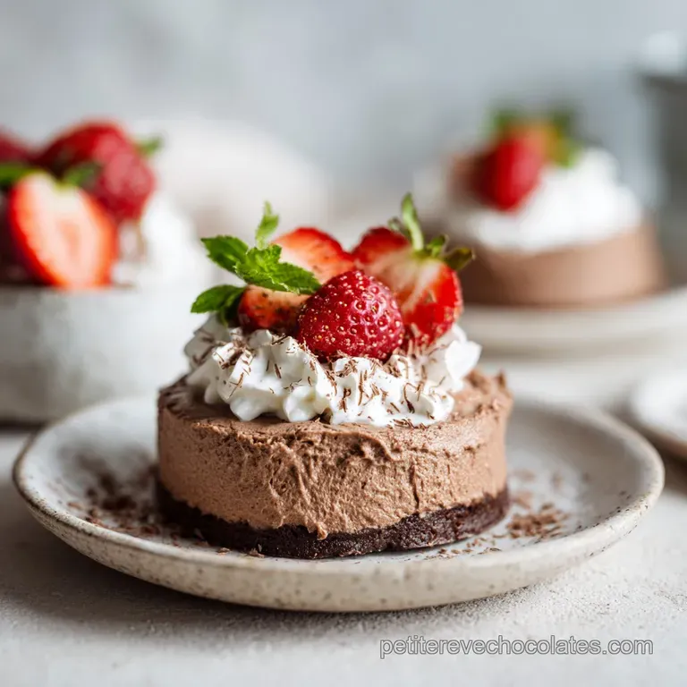 Individual ramekins filled with velvety chocolate mousse, topped with a single raspberry.