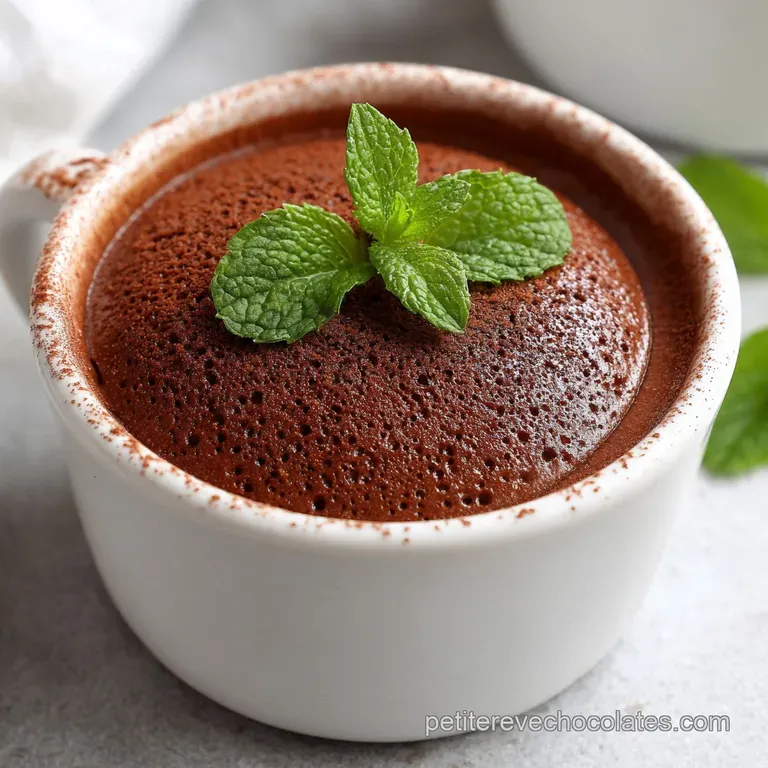 A single serving of creamy milk chocolate mousse artfully spooned into a elegant white ramekin, dusted with cocoa.