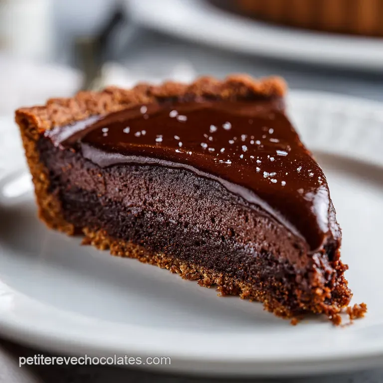 Slice of decadent chocolate tart with a dusting of cocoa powder, elegantly presented on a white plate. Indulgent dessert.