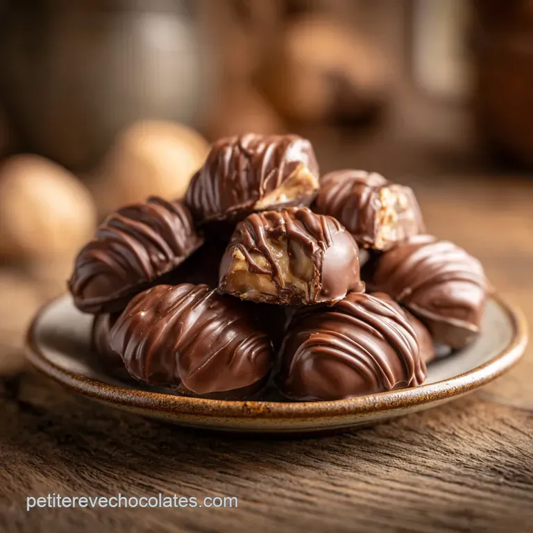 Elegant plate with three Rochers Suisses, showing the crisp exterior and soft interior, alongside a dusting of cocoa powder.