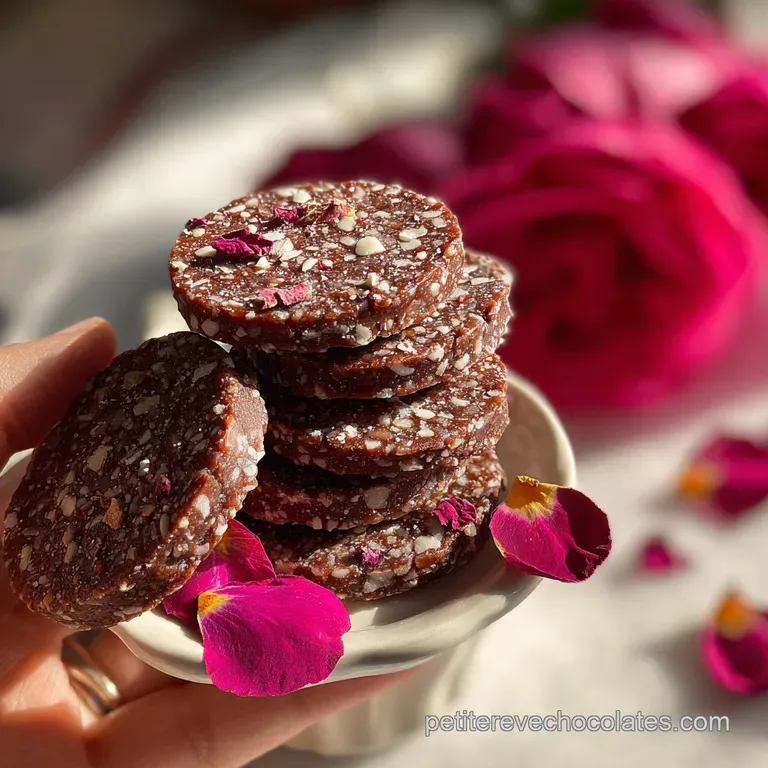 Elegant dessert plate with a scattering of cocoa powder and three dark chocolate 'Rose des Sables' cookies artfully arranged.