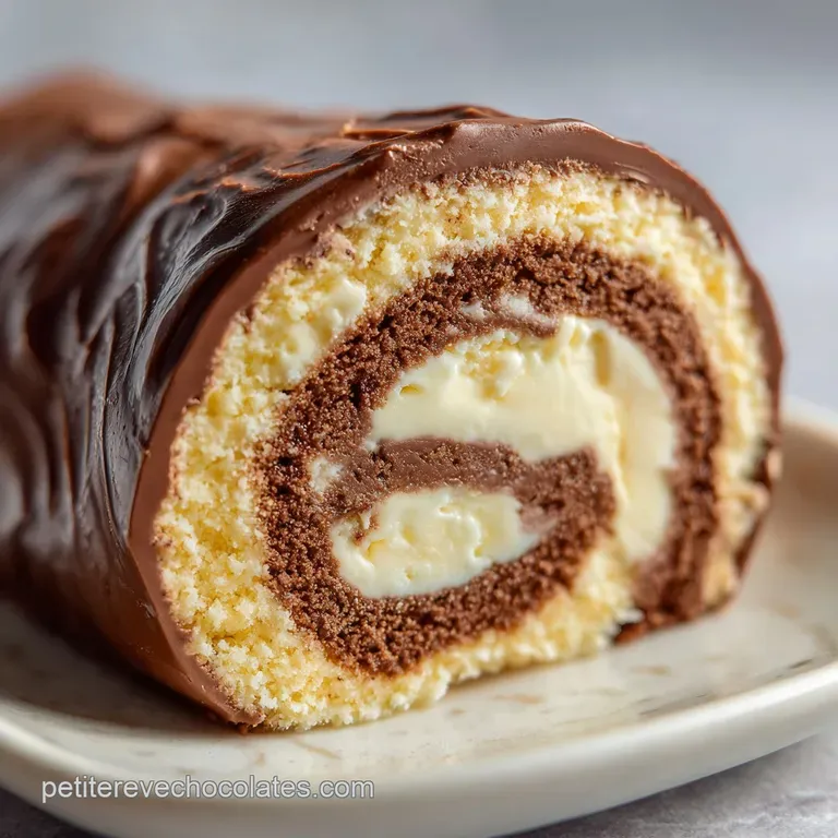 Two chocolate rolls artfully arranged on a white plate, their flaky layers glistening, with a delicate scattering of cocoa...
