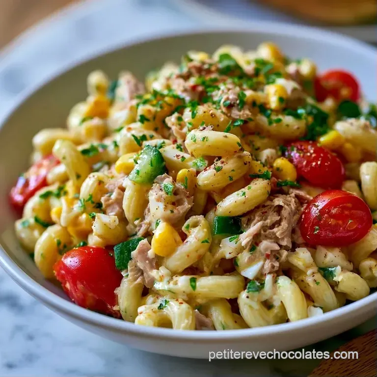Salade color&eacute;e dress&eacute;e avec soin, alternant p&acirc;tes onctueuses, tranches d'&oelig;ufs jaunes et &eacute;clats de thon sur assiette blanche.