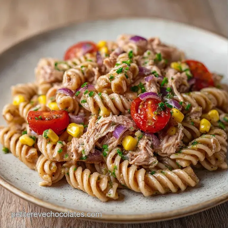 Salade color&eacute;e dress&eacute;e avec soin dans une assiette blanche, contrastant le brun des p&acirc;tes et le rouge des tomates cerises.