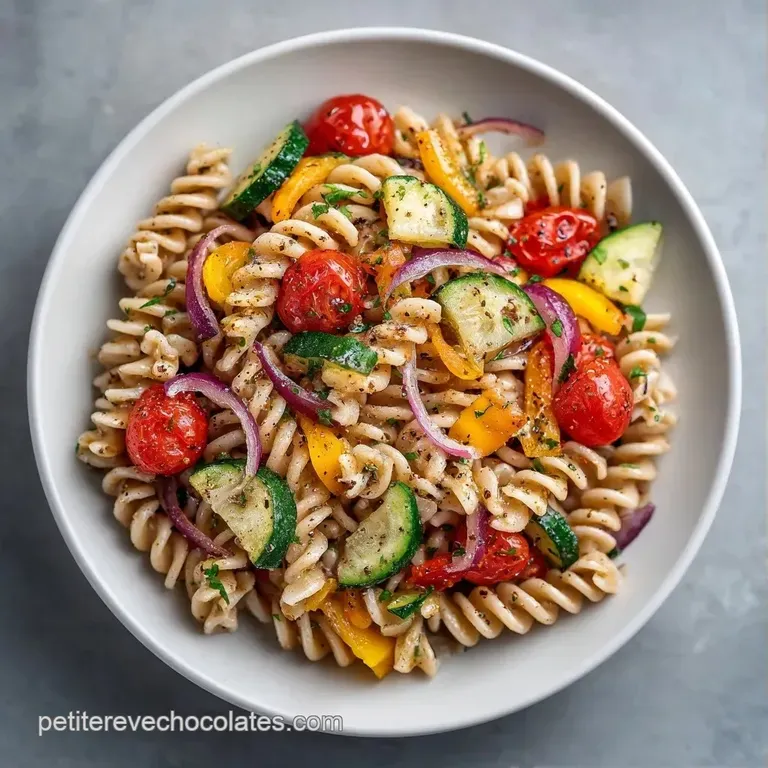 Assiette blanche mettant en valeur des p&acirc;tes nacr&eacute;es m&eacute;lang&eacute;es &agrave; des l&eacute;gumes frais et color&eacute;s sous une lumi&egrave;re vive.
