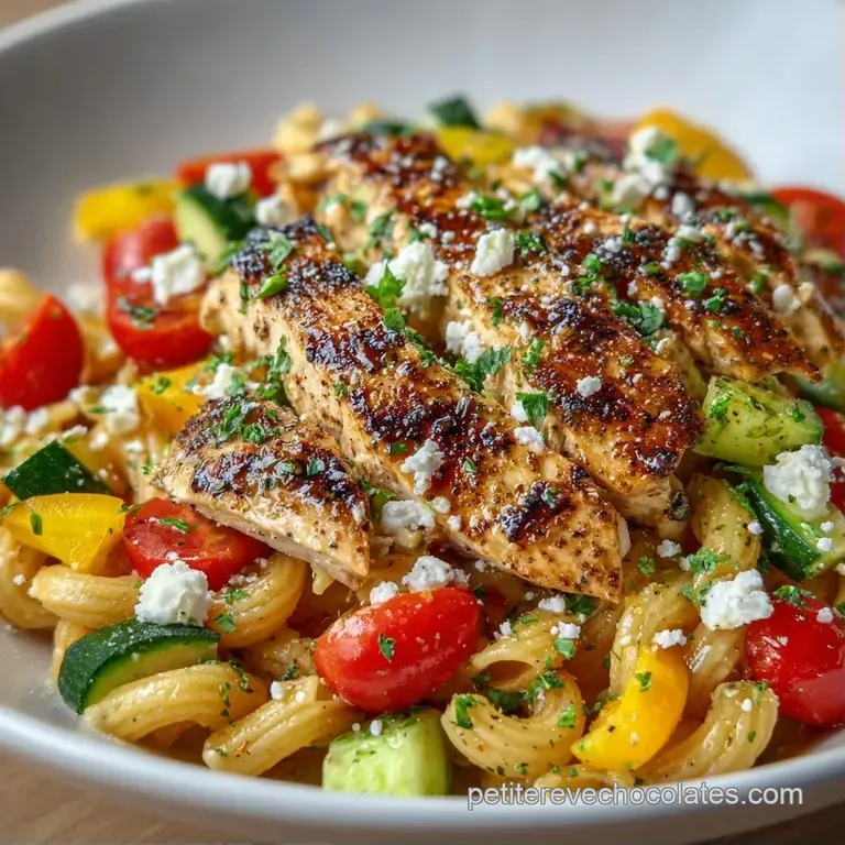 Salade fra&icirc;chement dress&eacute;e avec des p&acirc;tes cr&eacute;meuses, des l&eacute;gumes croquants et des morceaux de poulet tendres et juteux.