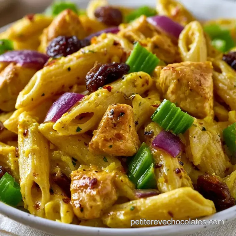 Assiette blanche pr&eacute;sentant des p&acirc;tes onctueuses au curry, dispos&eacute;es avec soin et agr&eacute;ment&eacute;es de feuilles de coriandre.