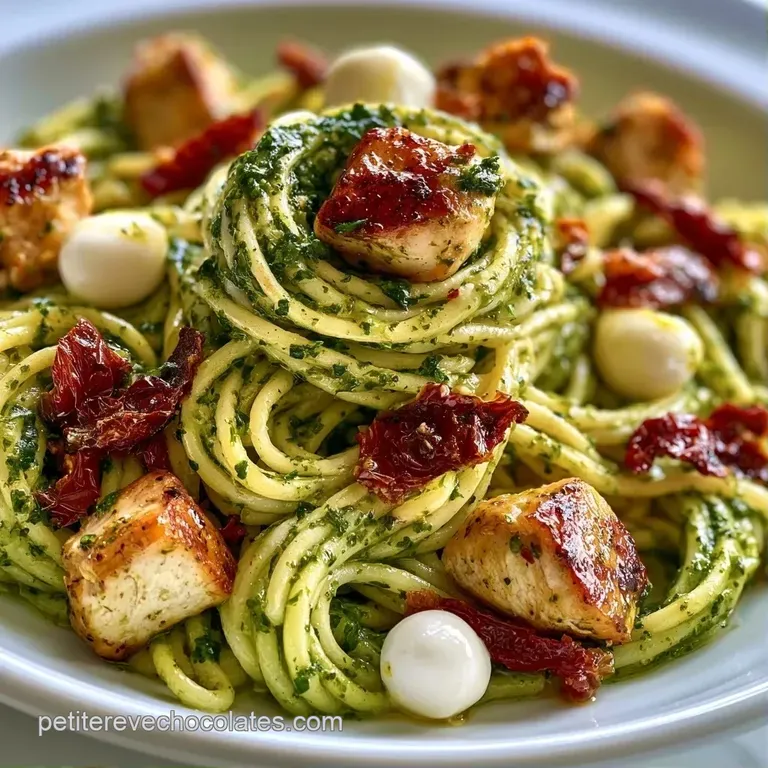 Assiette blanche dress&eacute;e avec soin, m&ecirc;lant p&acirc;tes au pesto onctueux, morceaux de poulet grill&eacute; et feuilles de basilic.