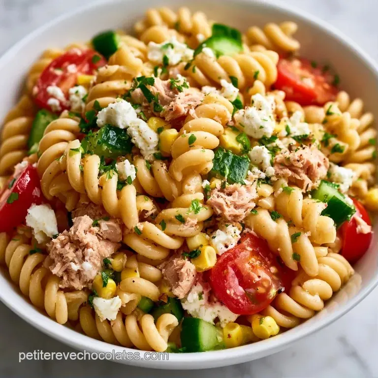 Composition soign&eacute;e de p&acirc;tes tendres, feta crayeuse et thon, dress&eacute;e dans une assiette avec des touches de rouge vif.
