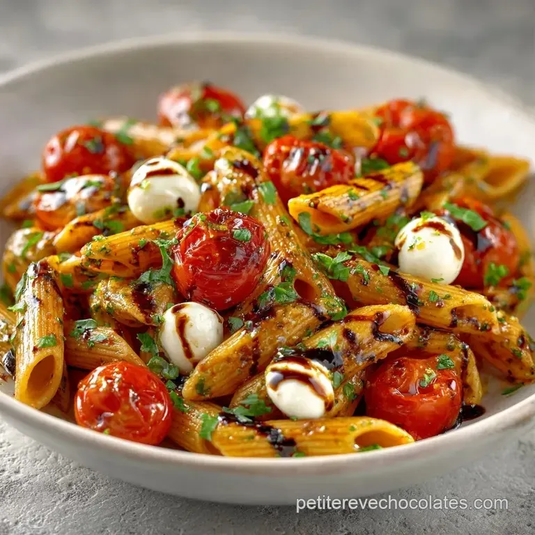 Assiette blanche minimaliste avec des penne brillantes, des demi-tomates juteuses et un filet d'huile d'olive limpide.