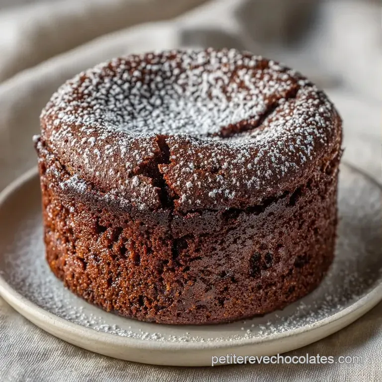 Souffl&eacute; brun profond sur assiette blanche, d&eacute;cor&eacute; d'une framboise rouge &eacute;clatante et d'une petite feuille de menthe.