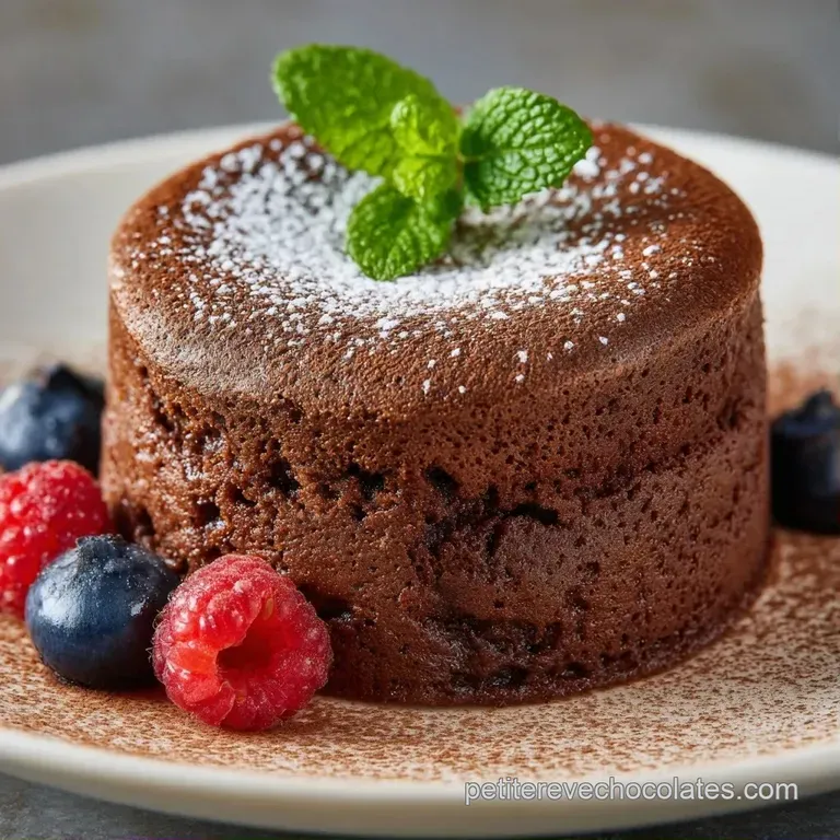 Un souffl&eacute; a&eacute;rien brun sombre pos&eacute; sur une assiette blanche &eacute;pur&eacute;e, contrastant avec une petite baie rouge vive.