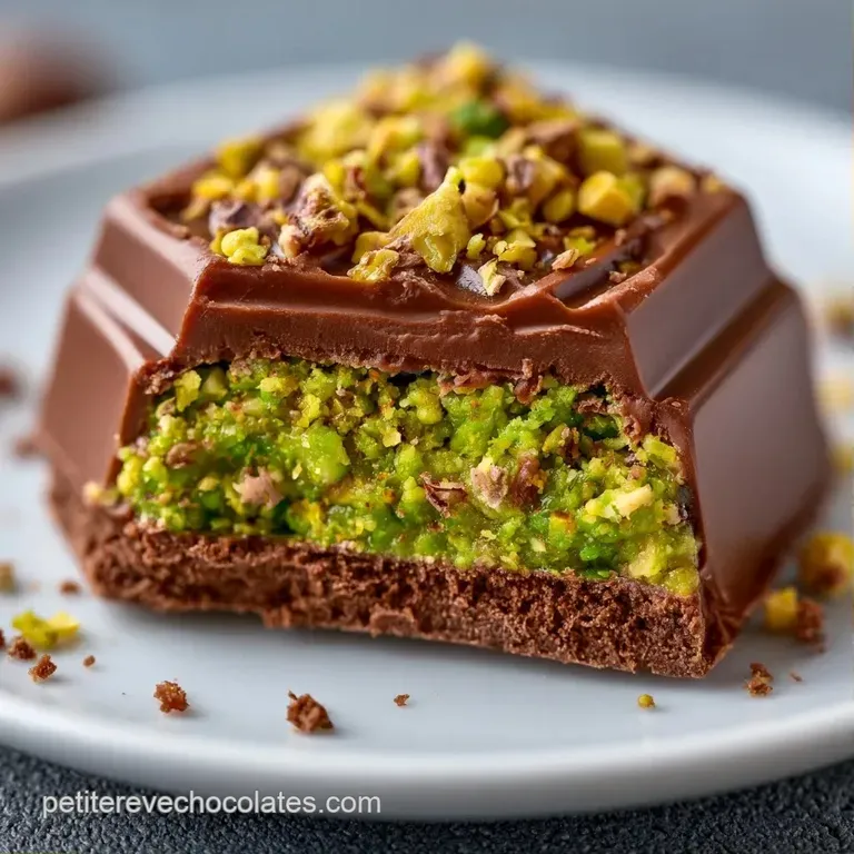 Morceaux de chocolat dispos&eacute;s avec soin, contrastant le brun profond et un c&oelig;ur vert pistache vibrant et onctueux.