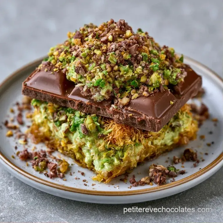 Morceaux de chocolat lisse dispos&eacute;s sur un plat blanc, contrastant avec le vert intense d'un fourrage croustillant.