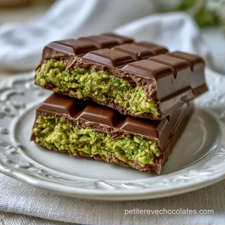 &Eacute;clats de chocolat noir dispos&eacute;s avec soin, d&eacute;voilant un c&oelig;ur onctueux vert pistache sur un fond minimaliste et clair.