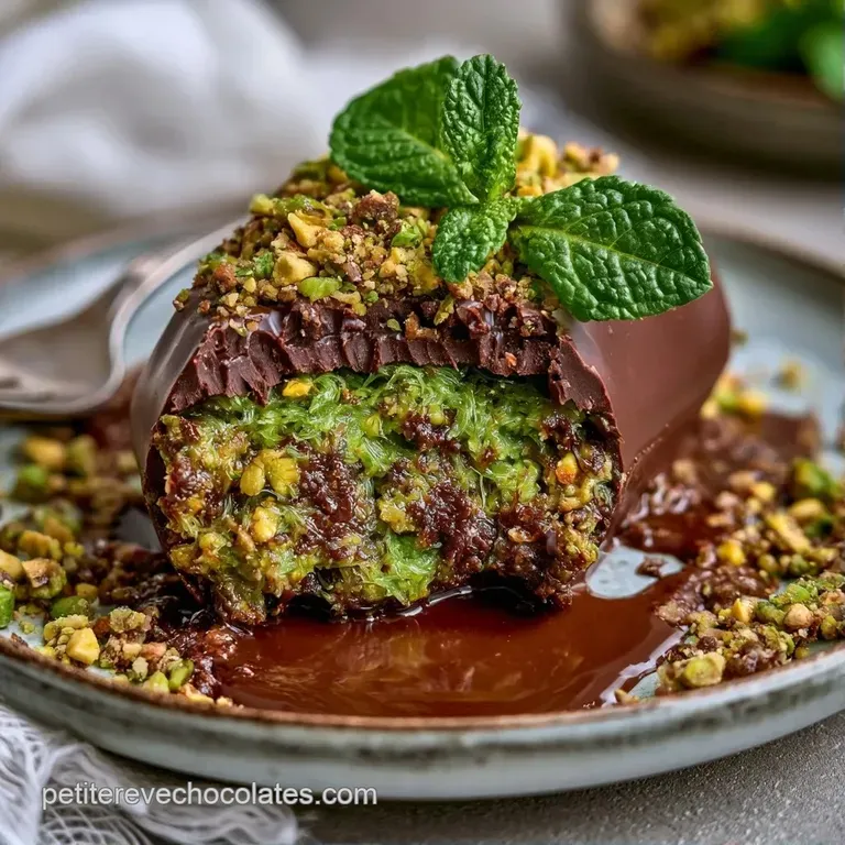 Carr&eacute;s de chocolat fondant sur une assiette blanche, d&eacute;cor&eacute;s de pistaches enti&egrave;res et d'une touche de sel fin.