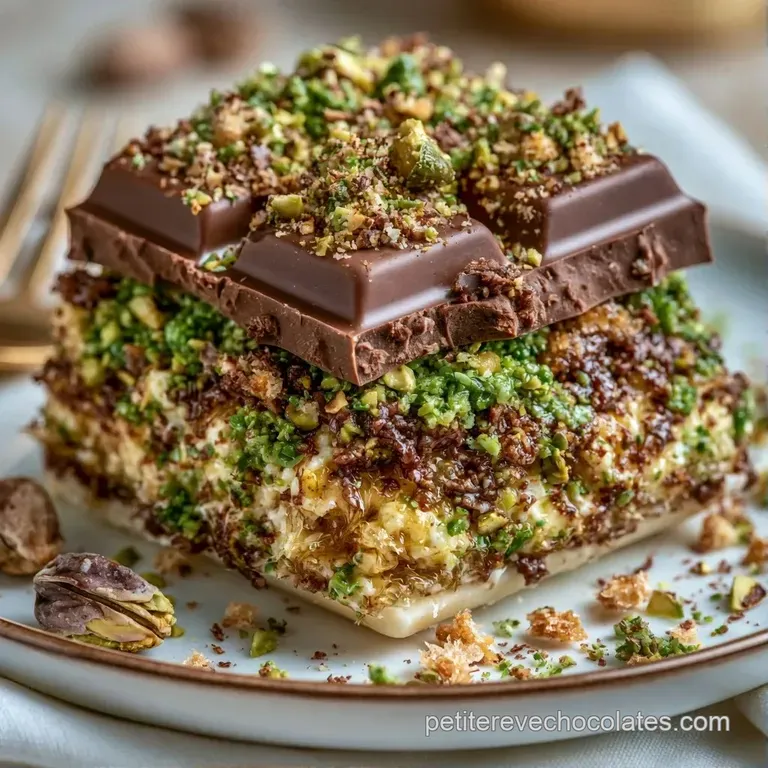 Morceaux de chocolat sombre dispos&eacute;s avec art sur une assiette blanche, r&eacute;v&eacute;lant un c&oelig;ur vert et croustillant.