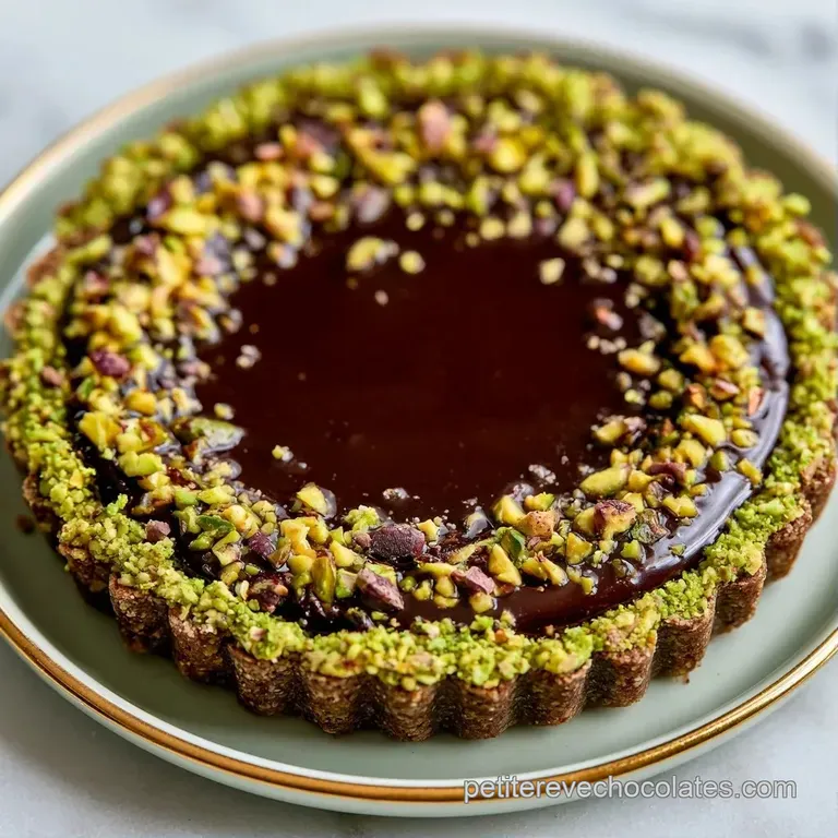Part triangulaire de cr&egrave;me chocolat&eacute;e dense et pistaches croquantes, dress&eacute;e avec soin sur une assiette blanche.