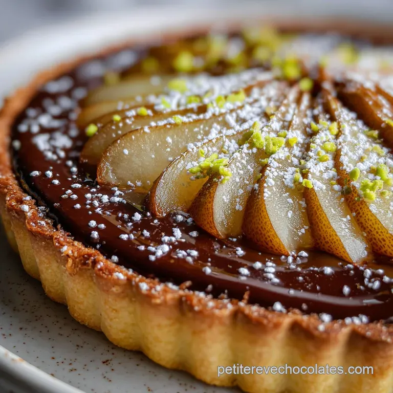 Slice of chocolate pear tart on a white plate. Dark chocolate ganache contrasts with the pale pears and sugared almonds. D...