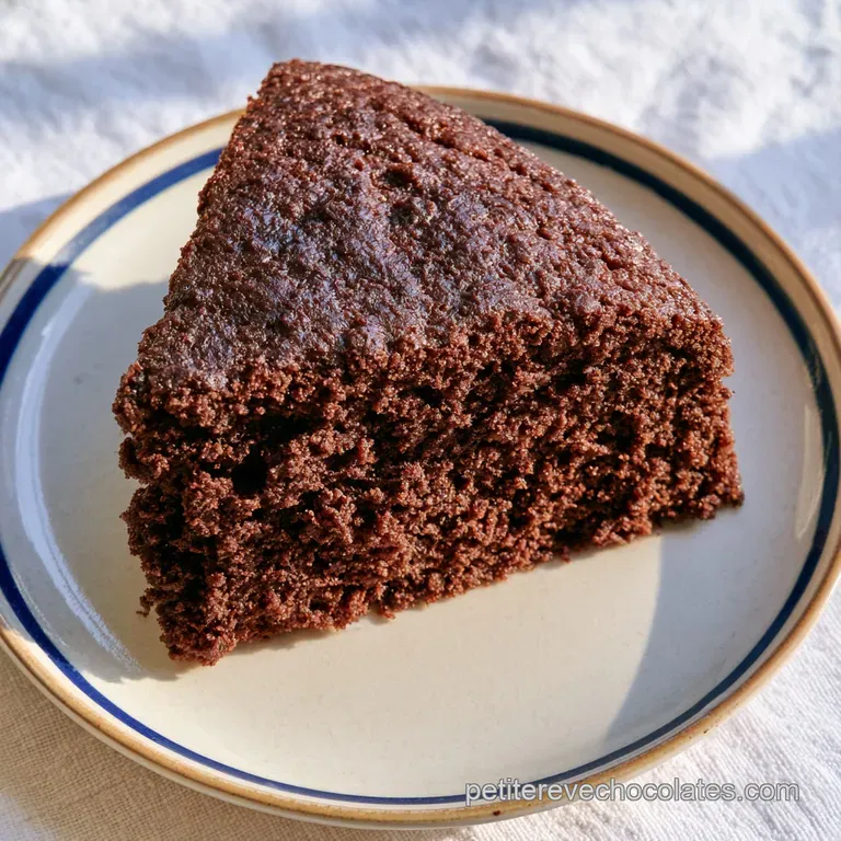 Tranche de g&acirc;teau sombre et onctueuse sur assiette blanche, accompagn&eacute;e d'un coulis rouge vif et de fruits frais.