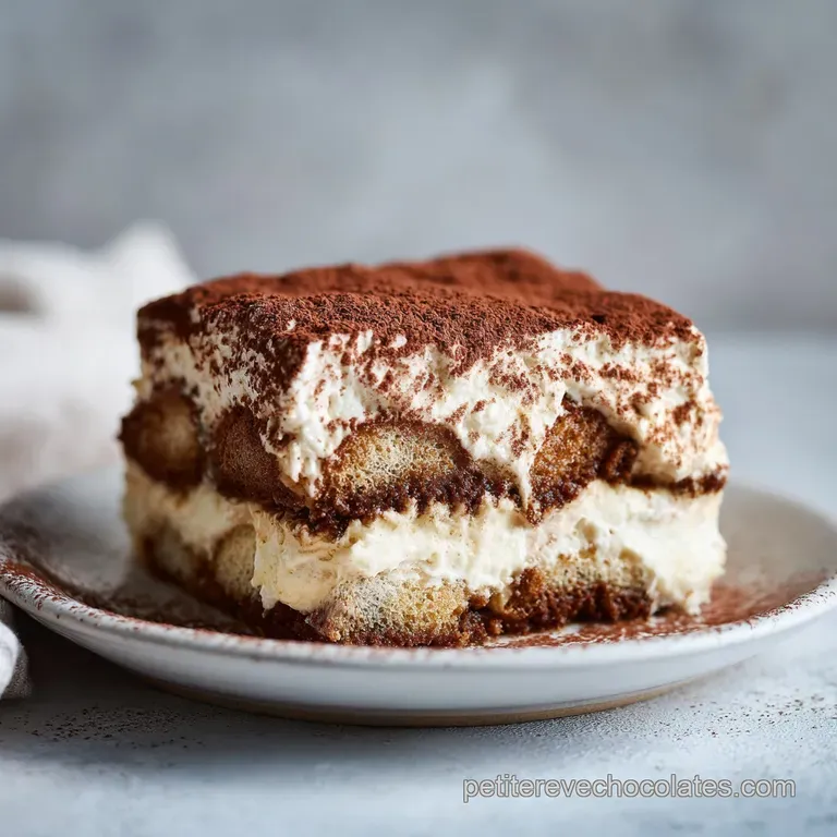 Elegant slice of chocolate tiramisu. Layers of cocoa, cream, chocolate; dusted with cocoa powder and artistically plated.