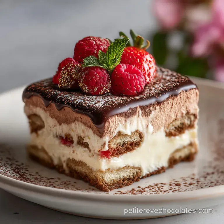 Elegant, single-serving tiramisu, a swirl of dark chocolate against the white mascarpone, adorned with a delicate chocolat...